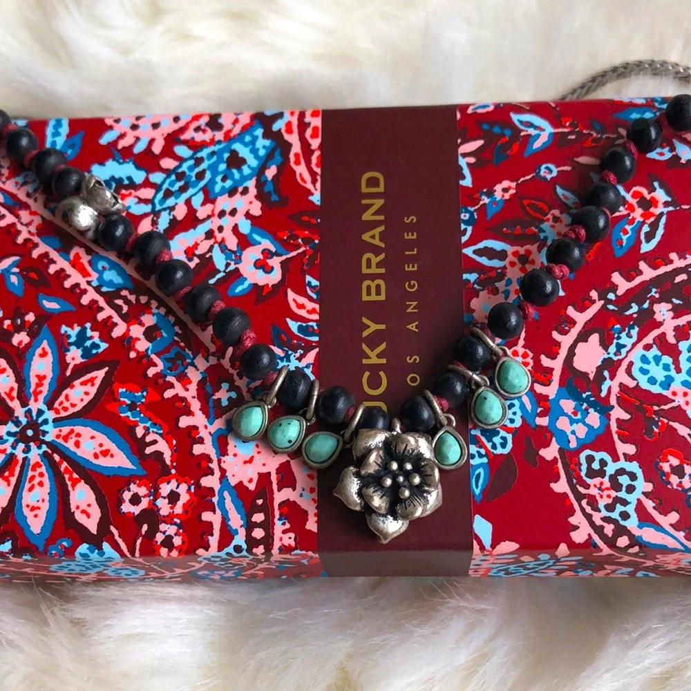 Lucky Brand Necklace With Silver Rose, Black Beads & Turquoise Accents - Picture 3 of 6